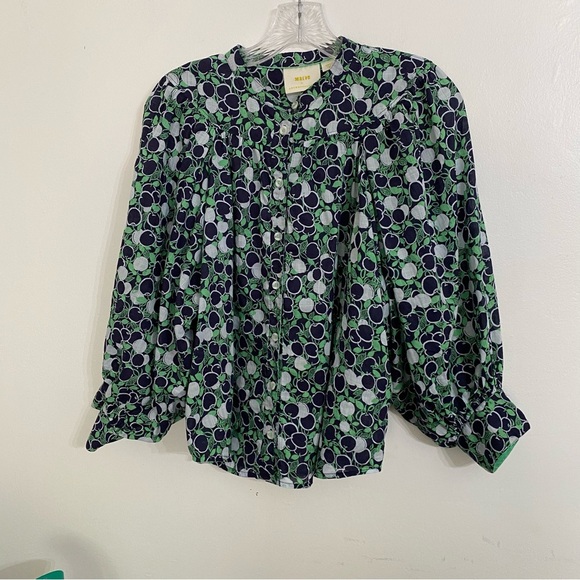 Maeve Anthropologie Loose Fit Top Blouse Apples Button Down Ballon Sleeve small - Picture 2 of 8